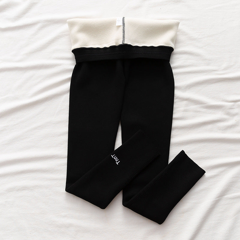 Fleece Thread Embroidered High-waisted Skinny Thick Lamb Velvet Trousers
