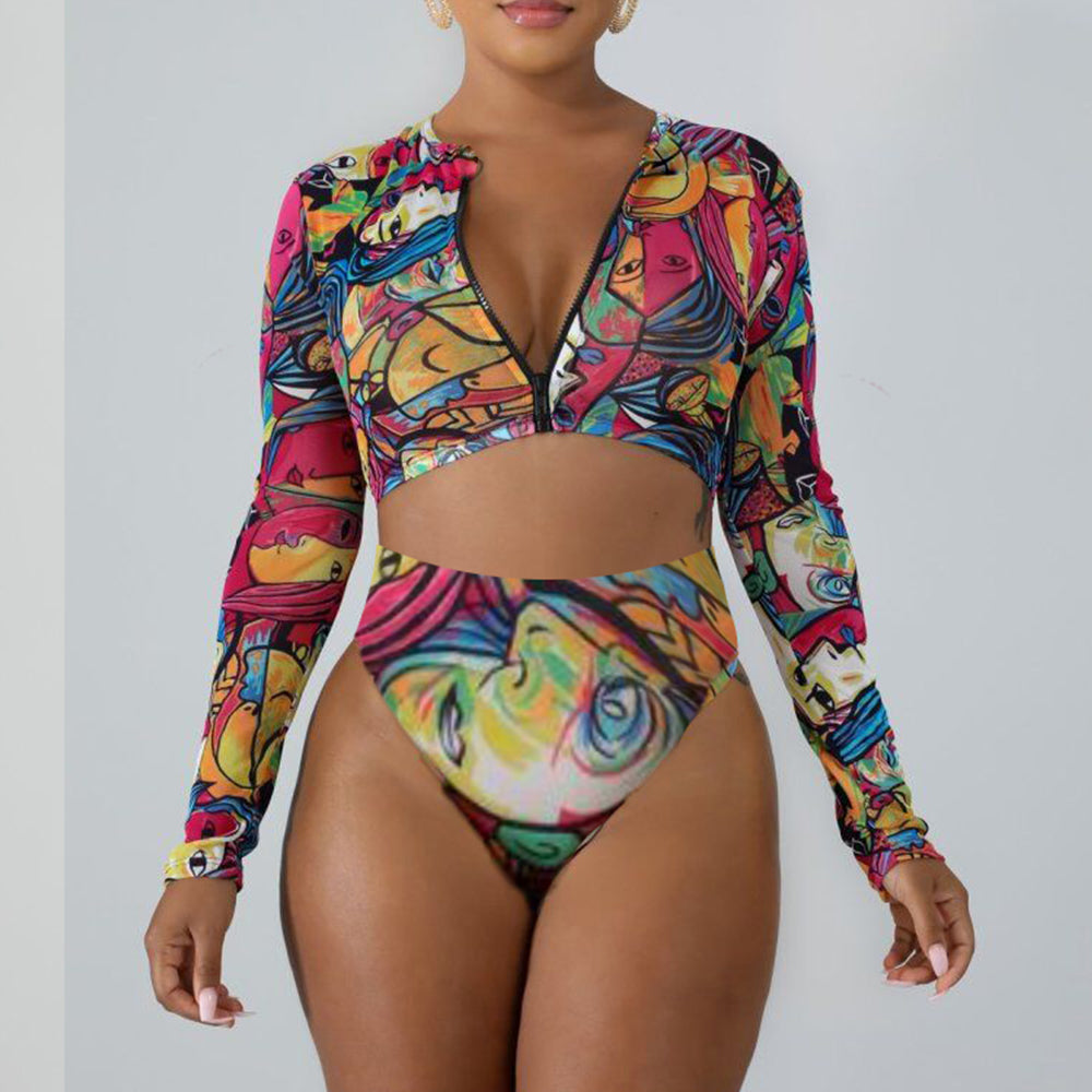 Surfing Swimsuit For Women Bikini Long Sleeve Swimwear Butterfly Print Push Up Summer Bath Suit