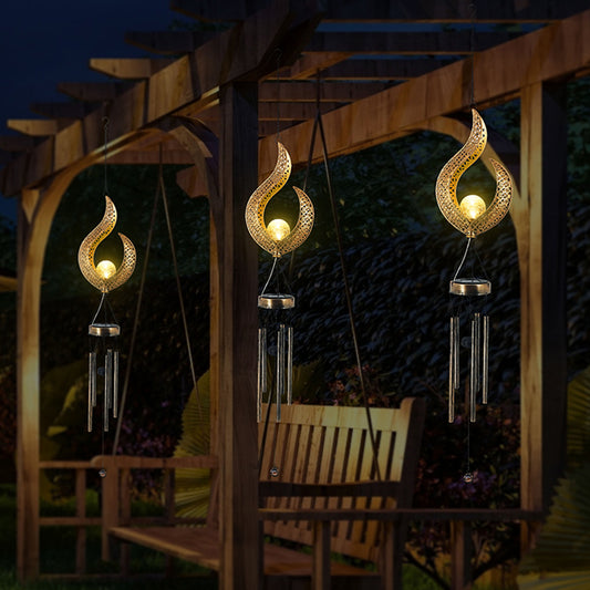 Solar Wrought Iron Wind Chime Lamp Outdoor Hollow Flame Sun Moon Lamp Garden Flame Suspension
