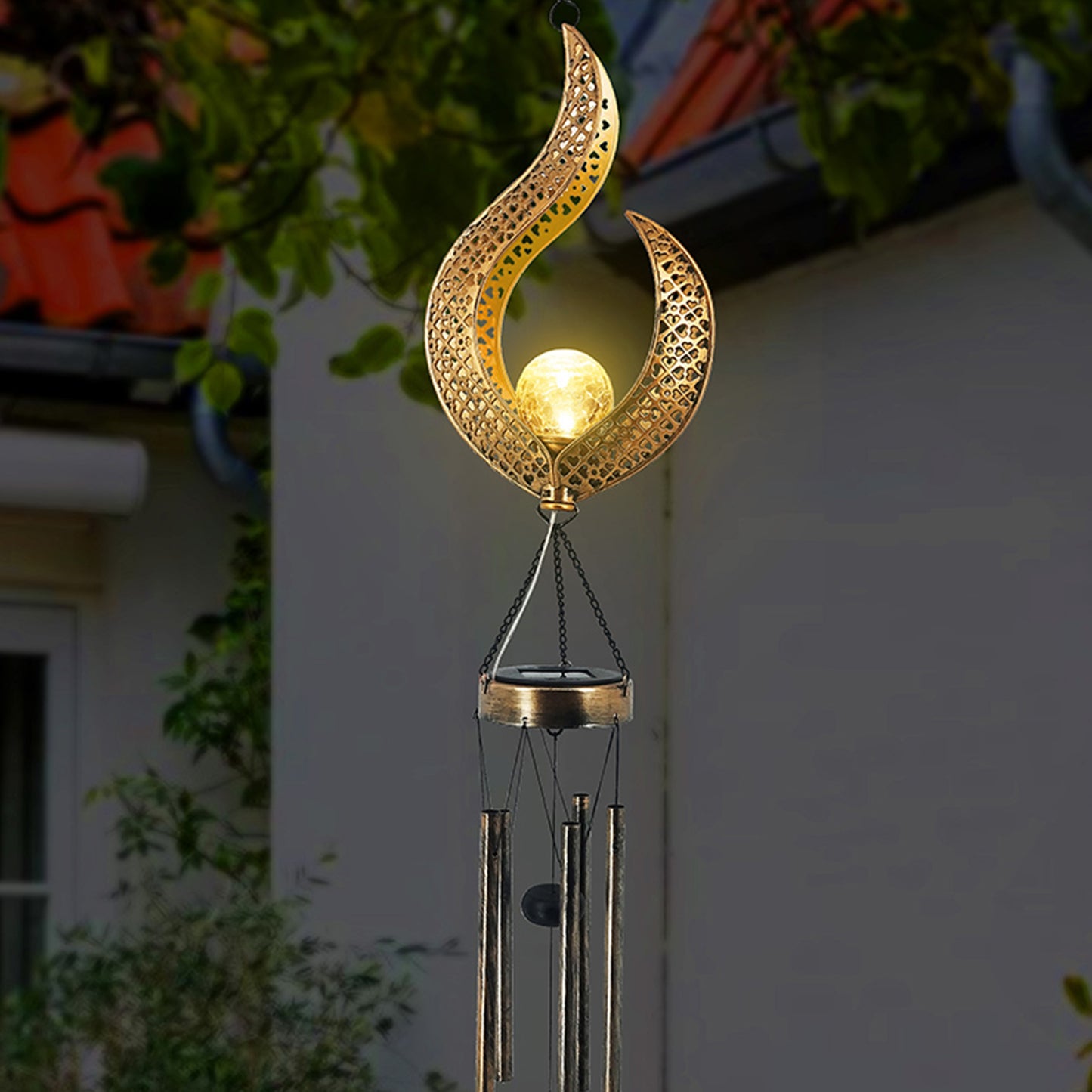 Solar Wrought Iron Wind Chime Lamp Outdoor Hollow Flame Sun Moon Lamp Garden Flame Suspension